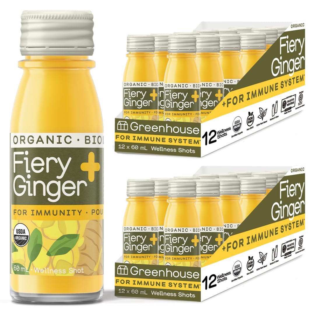 Lineup of Greenhouse Juice Organic Fiery Ginger Wellness Shots, 24-count, 60ml glass bottles