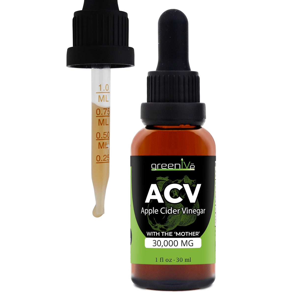 GreenIVe ACV Drops bottle labeled Apple Cider Vinegar with The Mother
