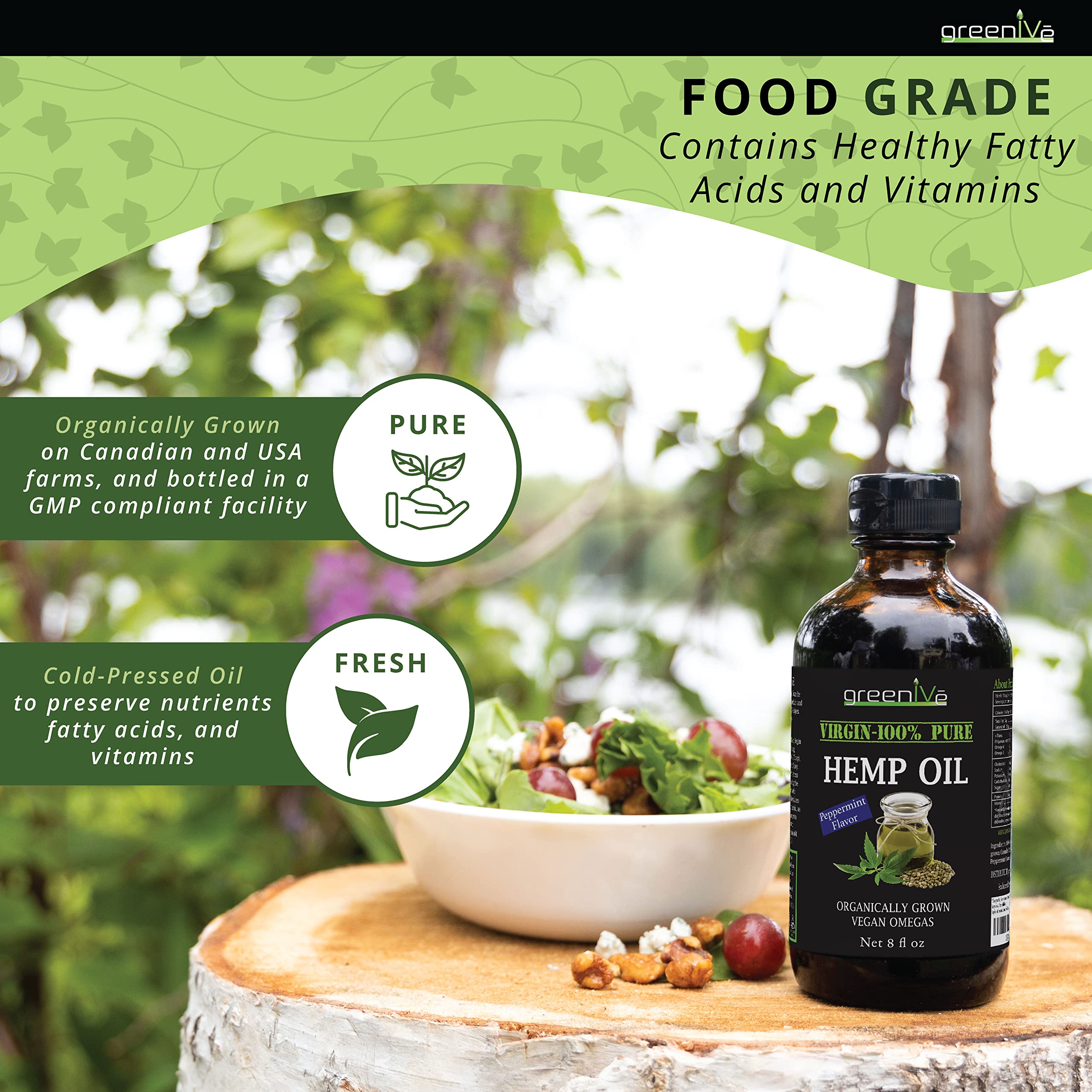 Hemp oil being added to salad and spoonful ready to use