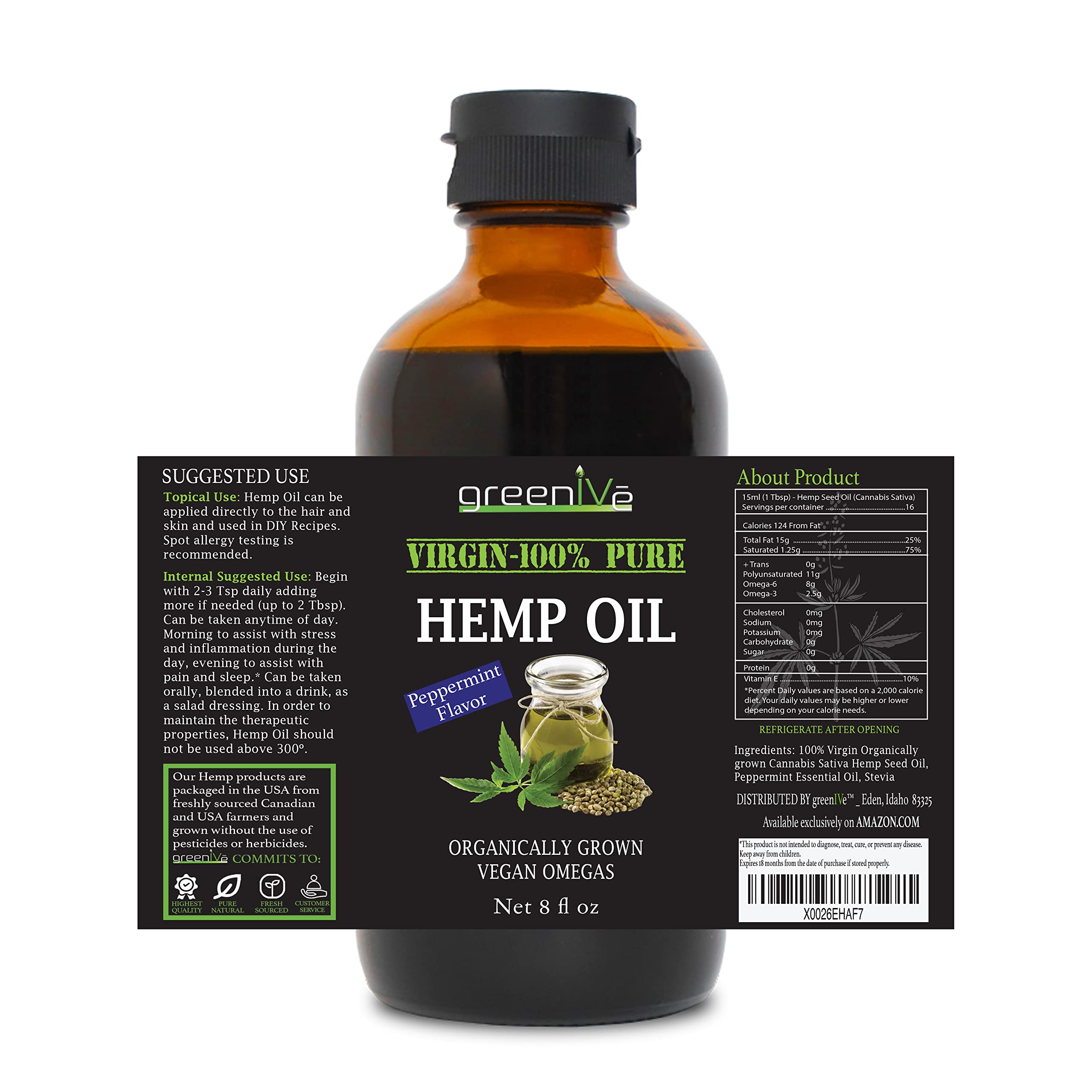 Virgin cold-pressed hemp seed oil ingredients and bottle