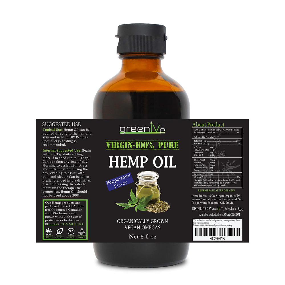 Virgin cold-pressed hemp seed oil ingredients and bottle