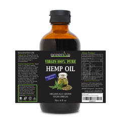 Virgin cold-pressed hemp seed oil ingredients and bottle