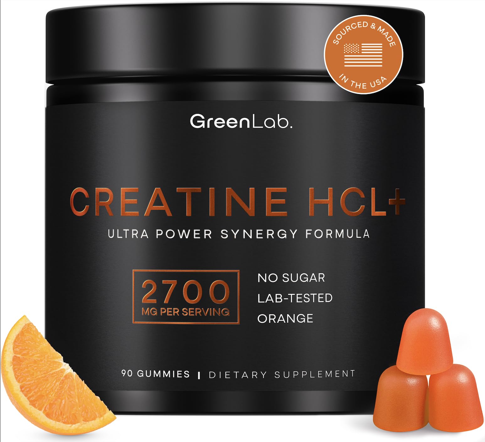 GreenLab Creatine HCL+ Gummies orange flavor bottle front view