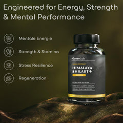 180-count bottle of shilajit capsules on white background