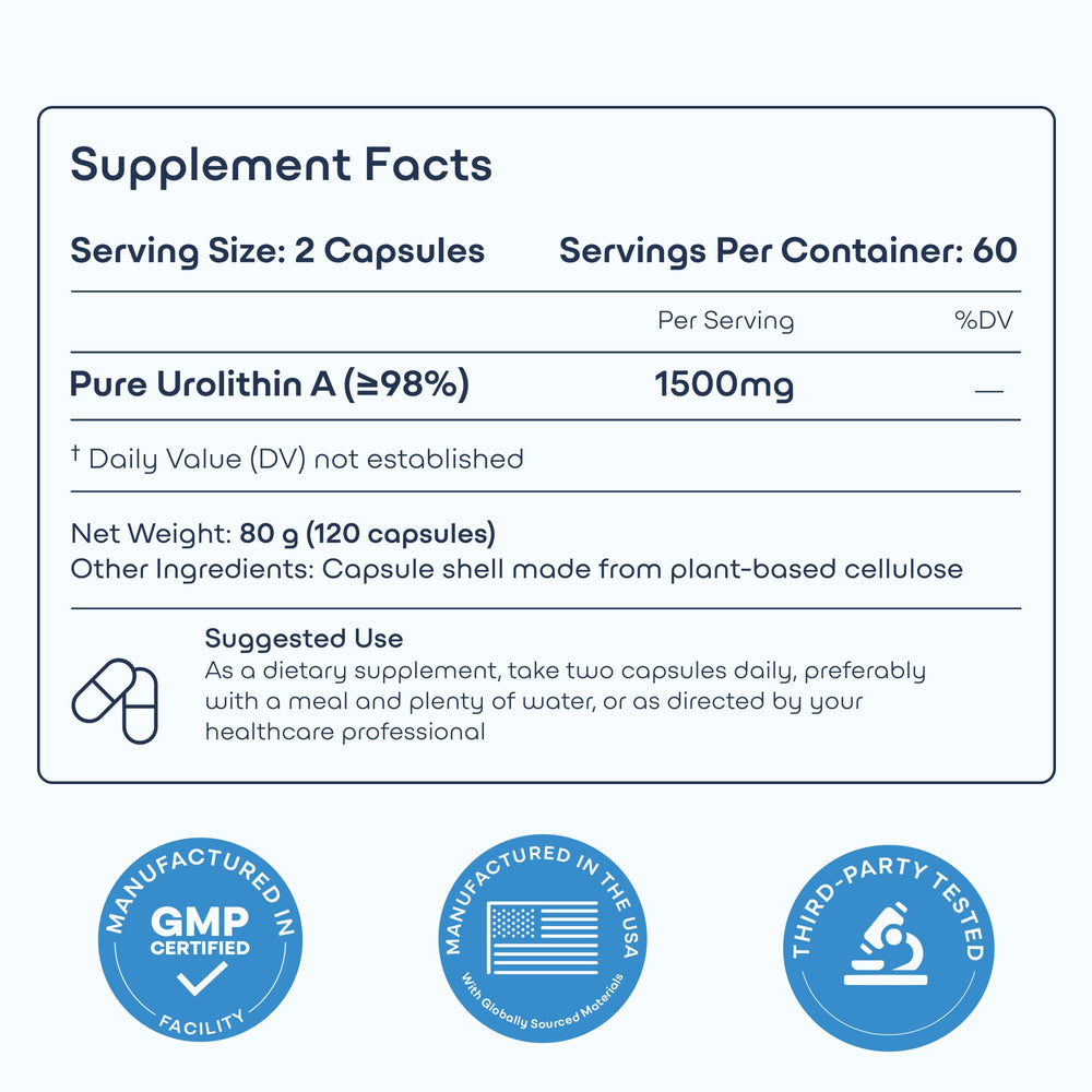 Vegan, pure Urolithin A+ formula label
