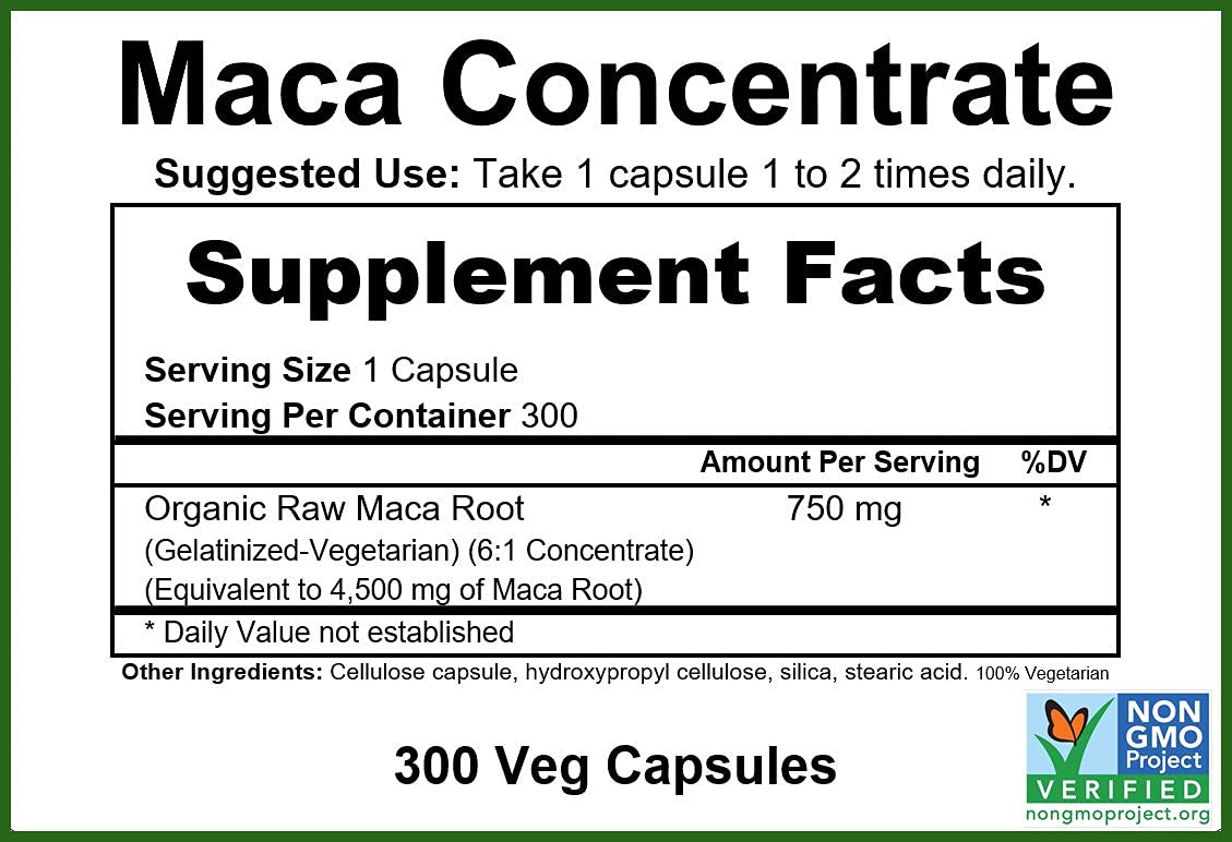Close-up of GreenPacks Maca Root Concentrate label featuring 6:1 gelatinized concentrate