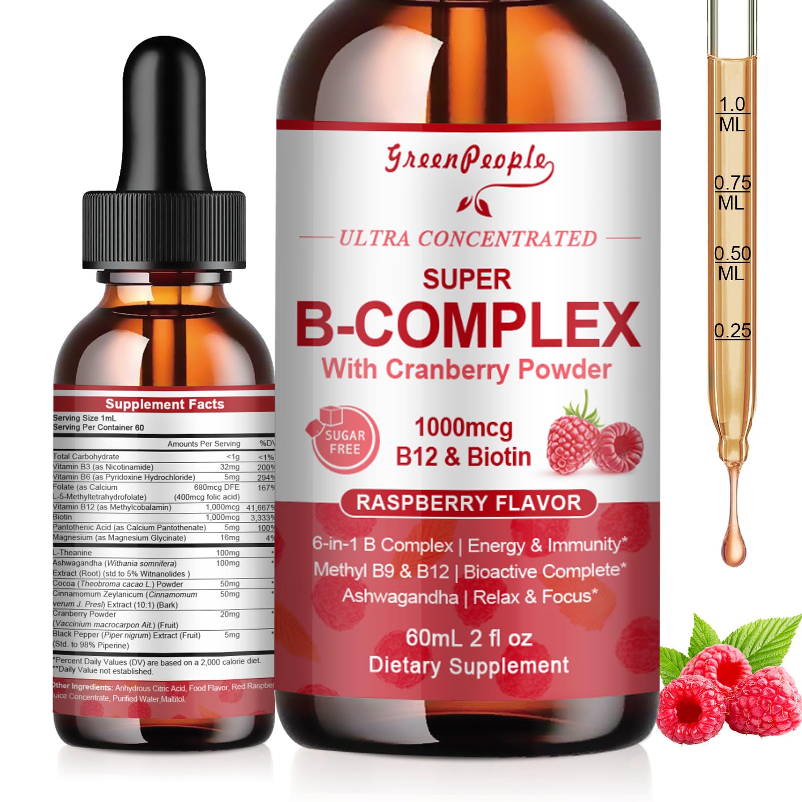 GreenPeople Super B-Complex Liquid Drop packaging with two 2 oz bottles