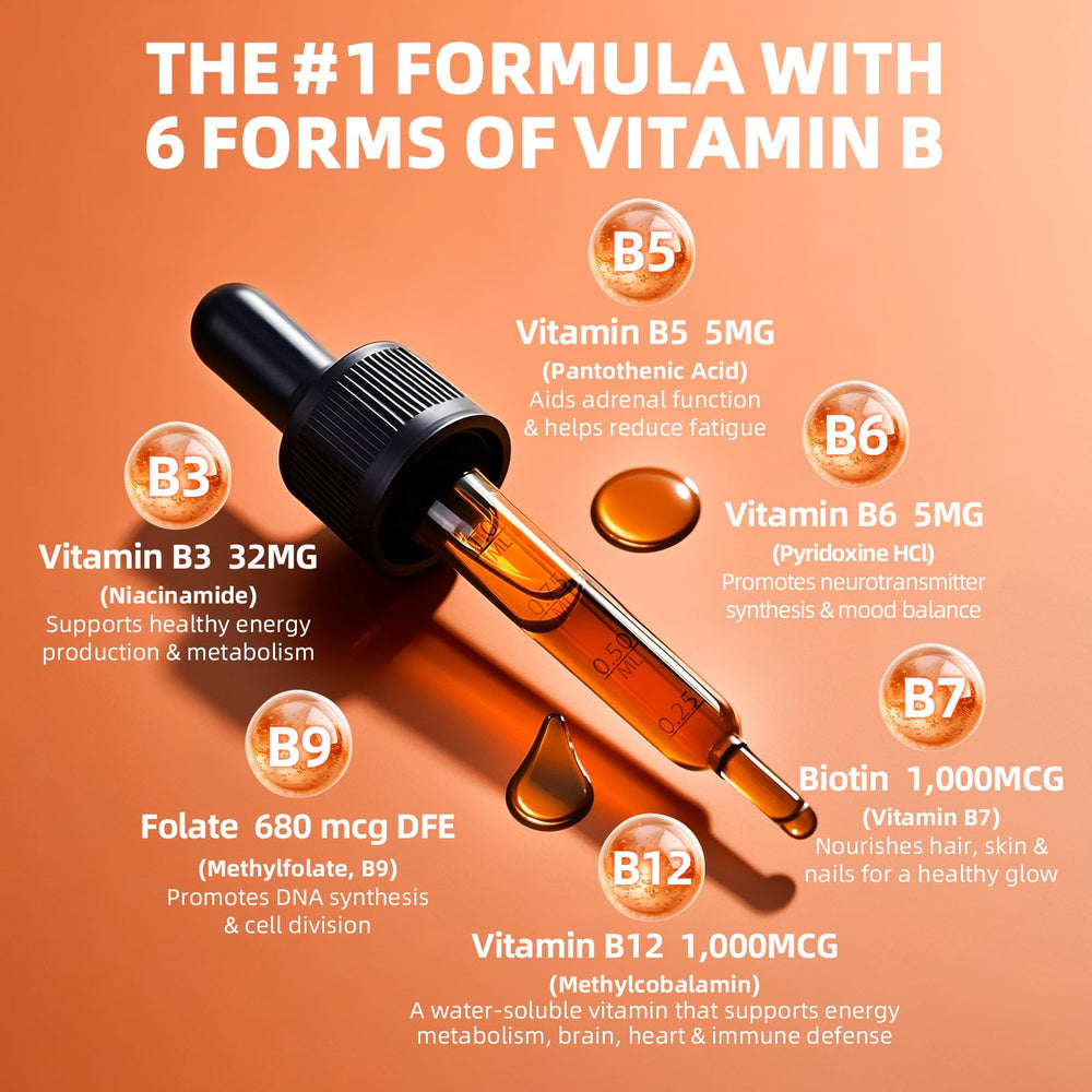 Dropper bottle with label close-up of GREENPEOPLE B-Complex Liquid Drop