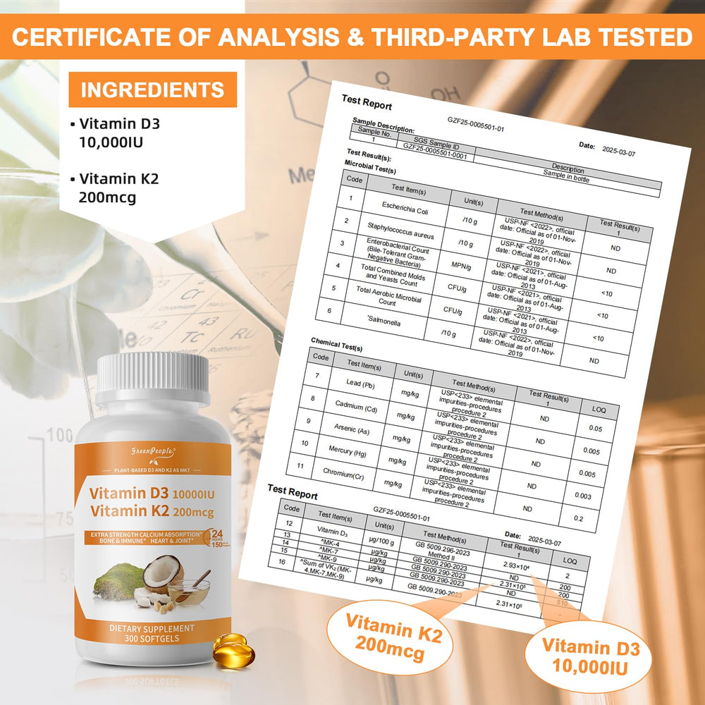 Front and back packaging of GREENPEOPLE K2 D3 bottle