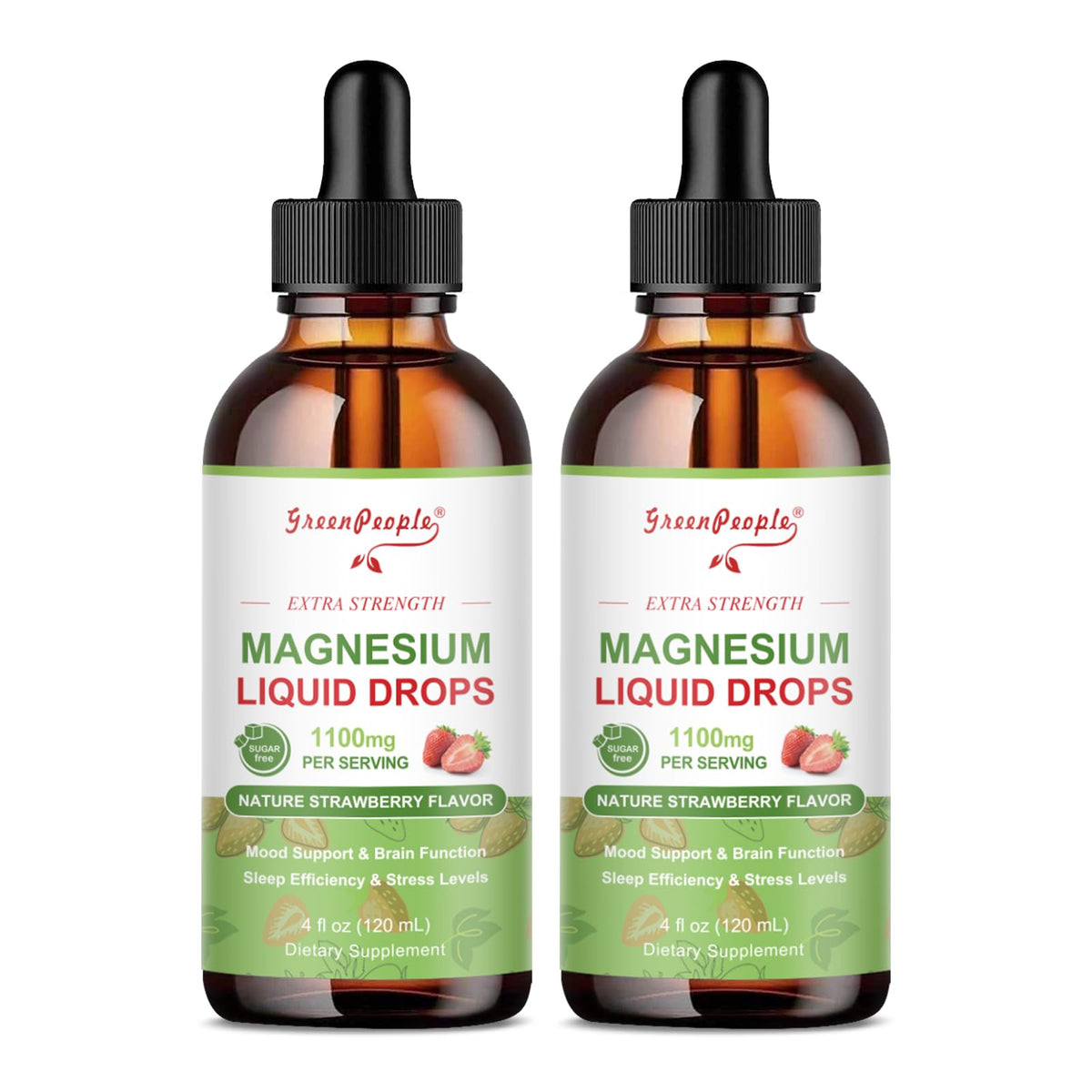 GreenPeople Magnesium Liquid Drops bottle set, 2-pack, strawberry flavor