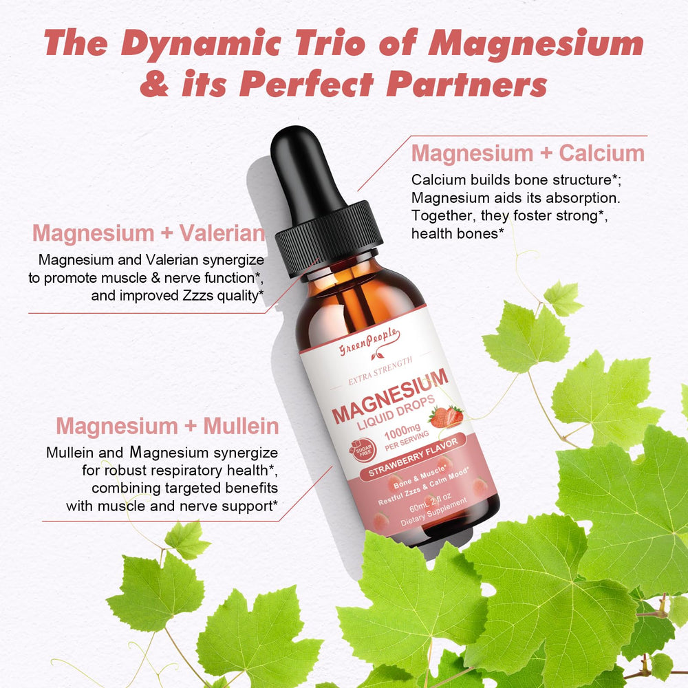 Strawberry-flavored GREENPEOPLE magnesium liquid drops bottle