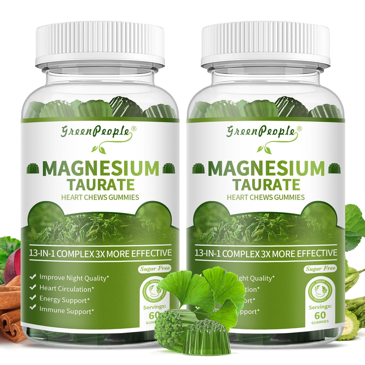 Front view of GREENPEOPLE Magnesium Taurate Gummies 2-pack bottle, Matcha flavor