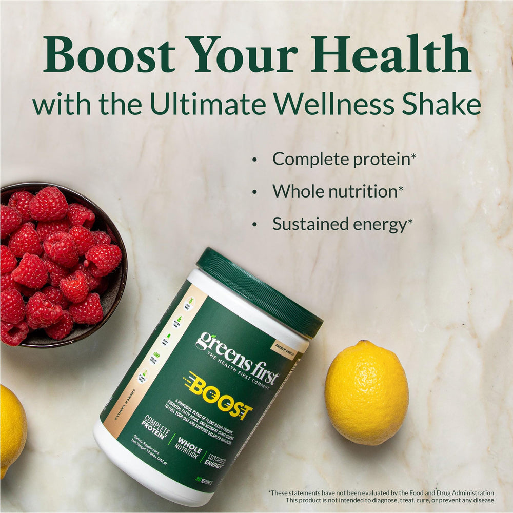 Greens First Boost Dutch Chocolate shake being poured into a glass for a creamy drink.