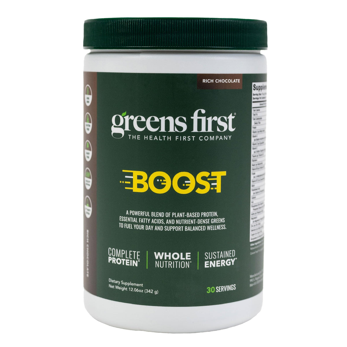 Greens First Boost Dutch Chocolate tub highlights vegan protein for post-workout recovery.