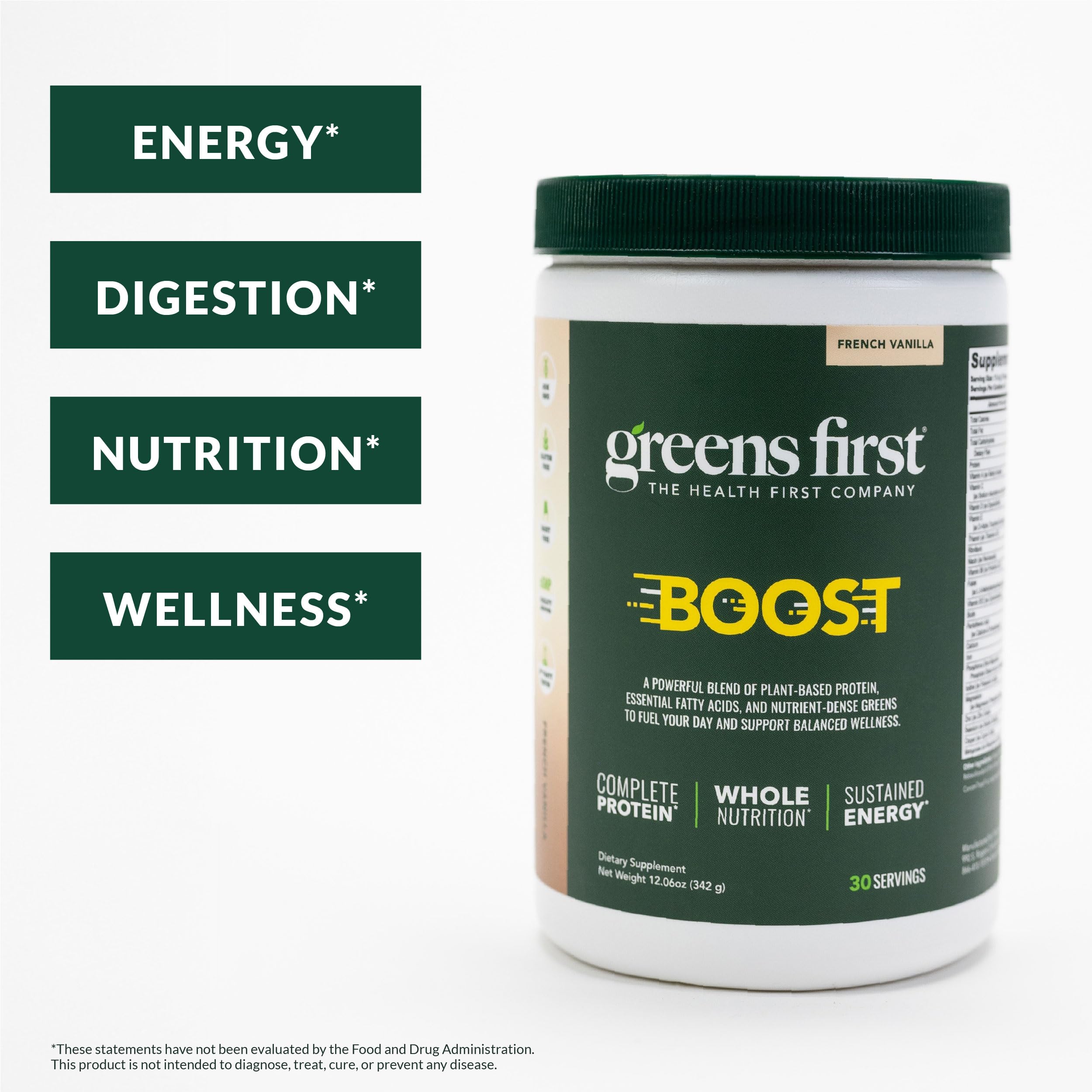 Ingredients panel for Greens First Boost plant-based protein powder