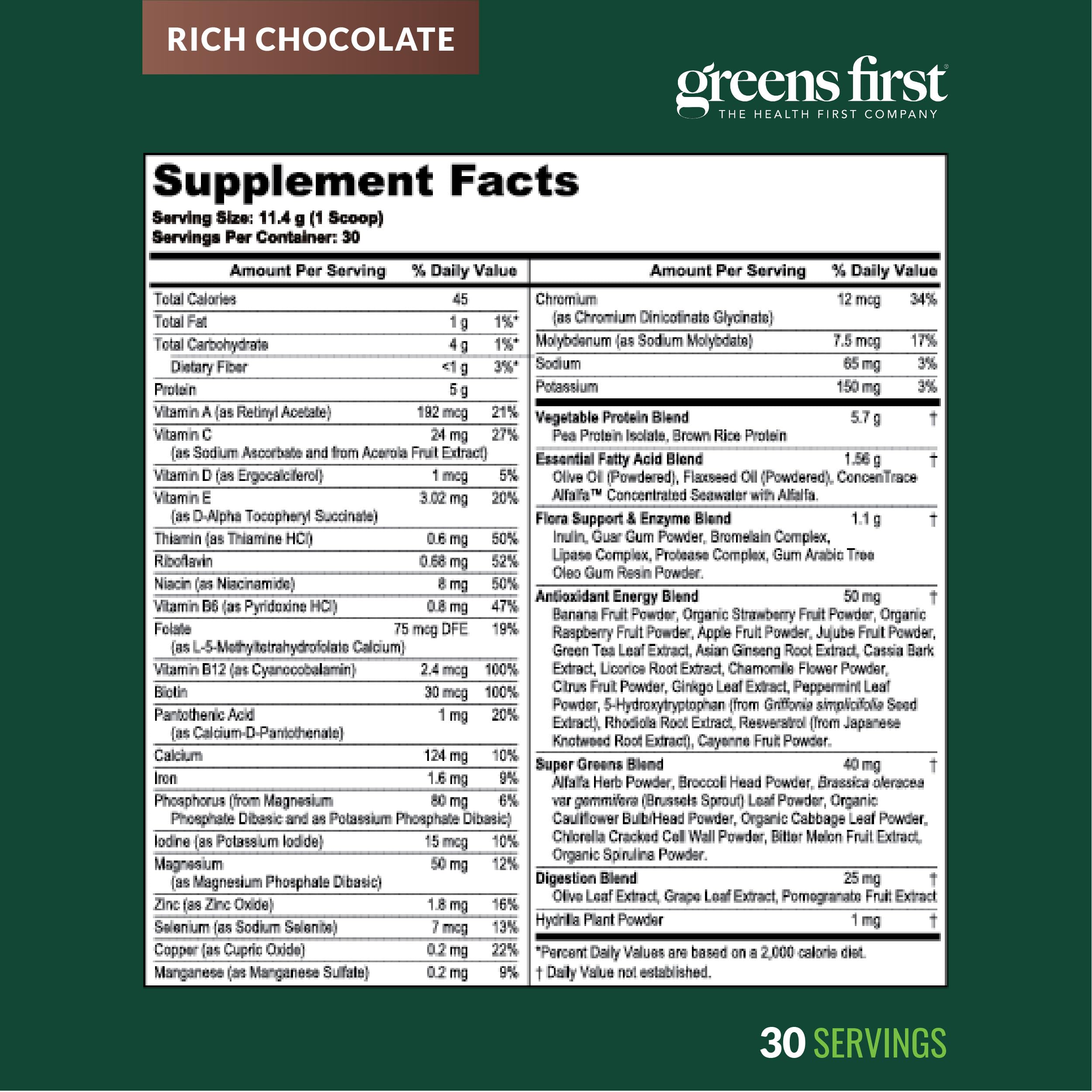 Greens First Boost nutrition facts close-up on label for a clean choice.