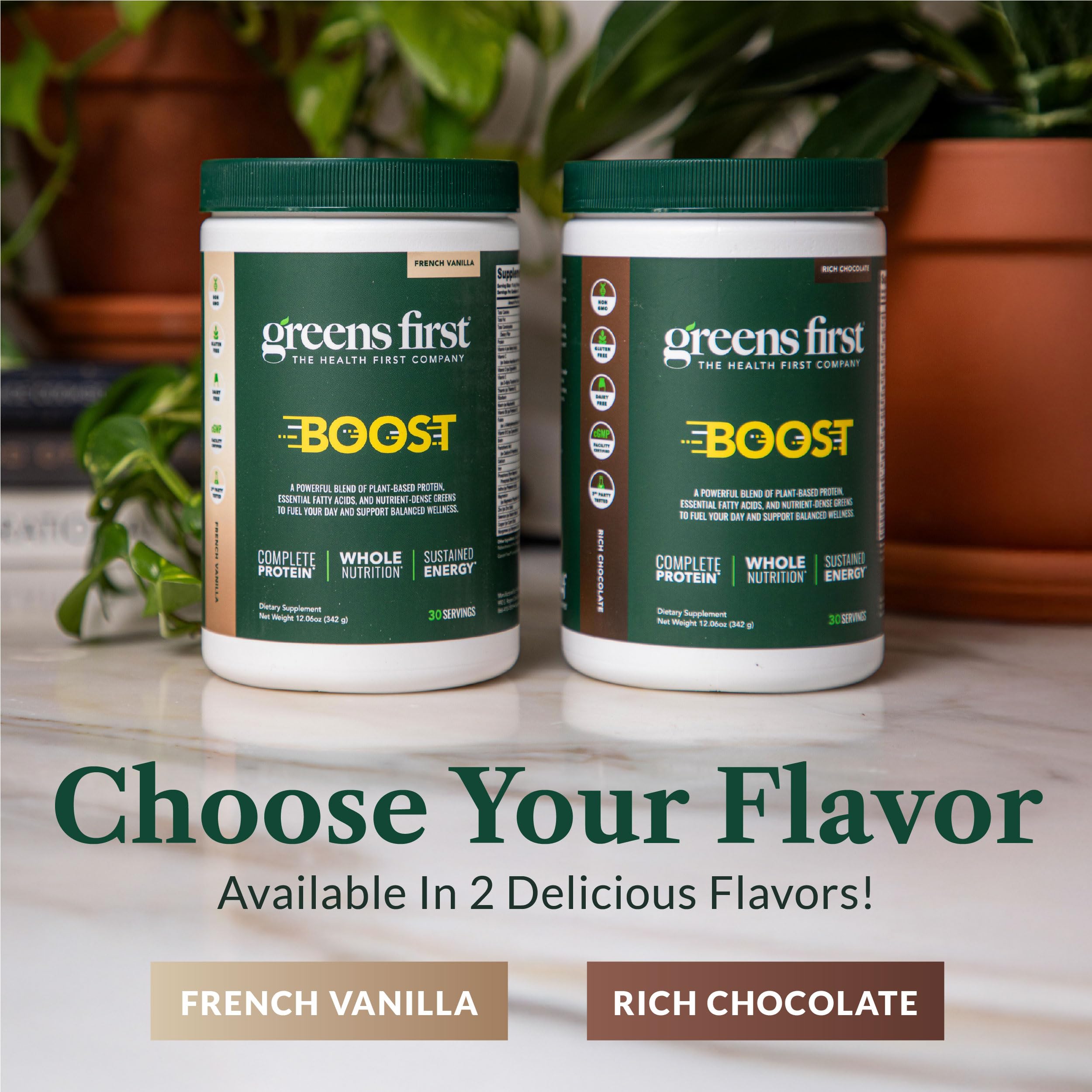 Greens First Boost vanilla flavor image invites creamy shakes and smoothies.