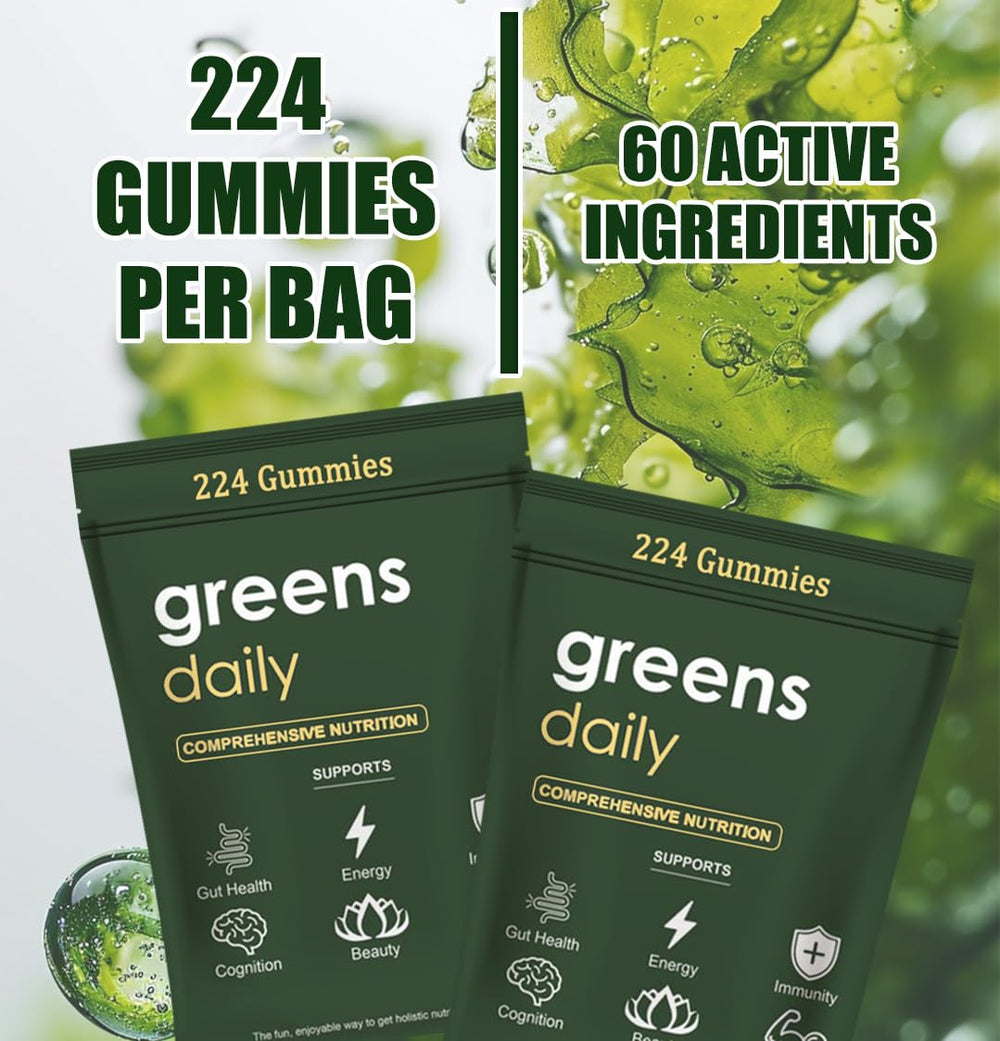 3D render of Greens Gummies bottle on white background
