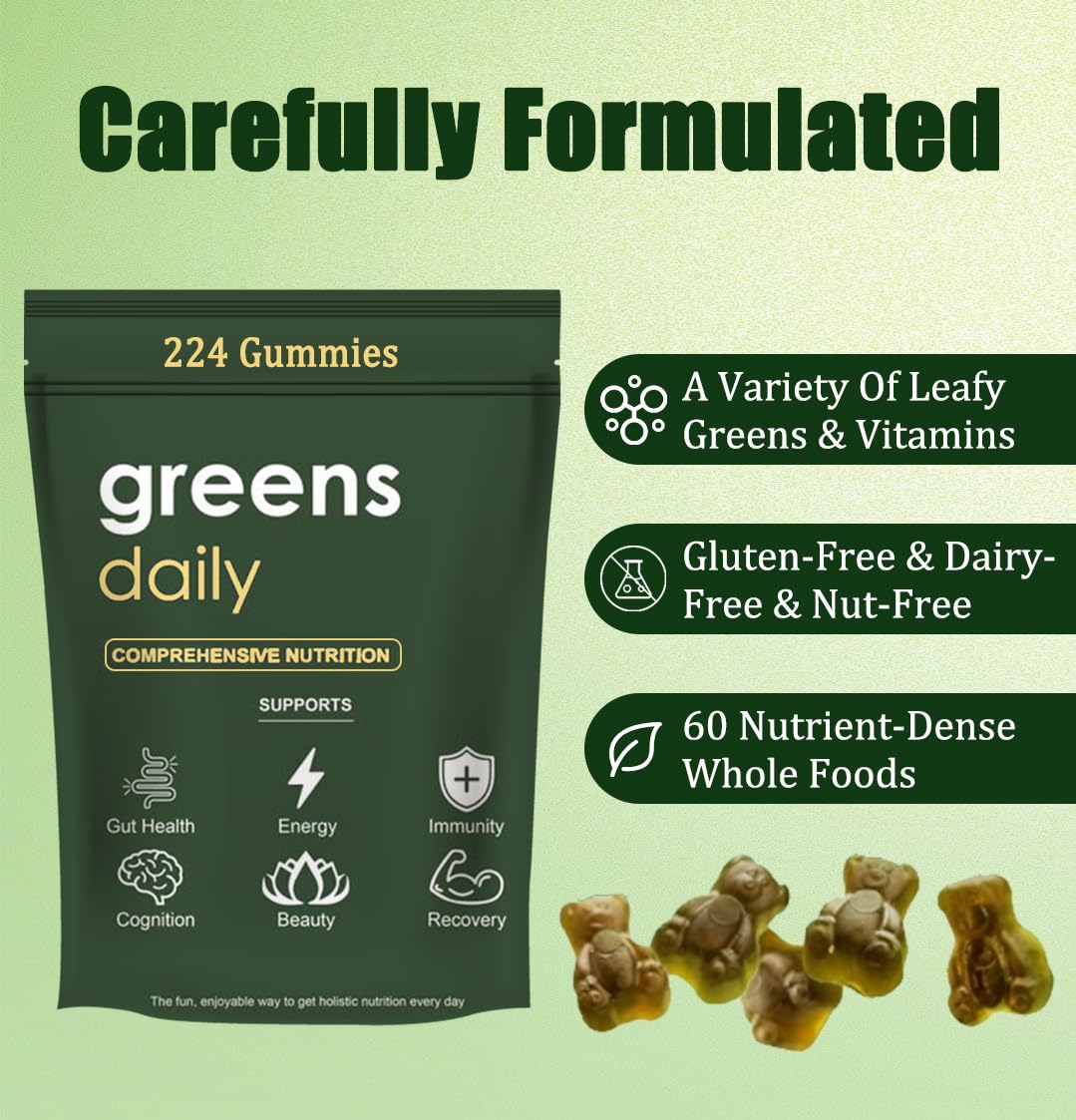 Label highlighting organic greens and 60+ ingredients