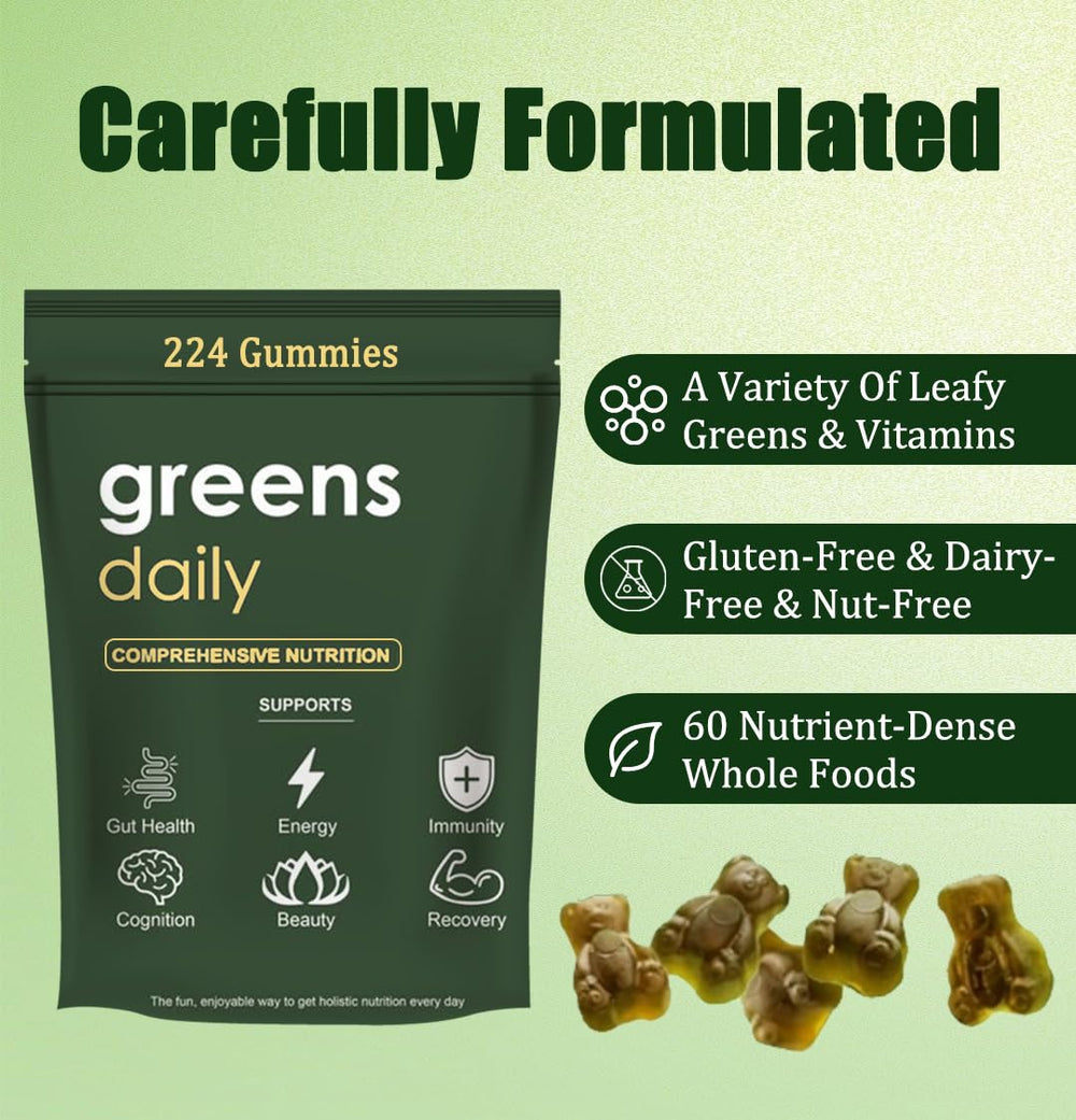 Label highlighting organic greens and 60+ ingredients