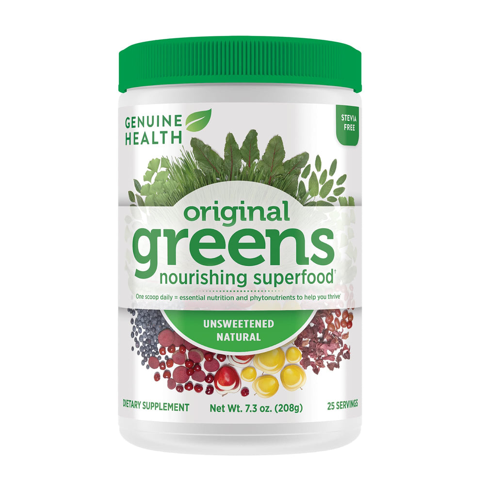 Genuine Health Greens+ Original Superfood Powder canister with scoop