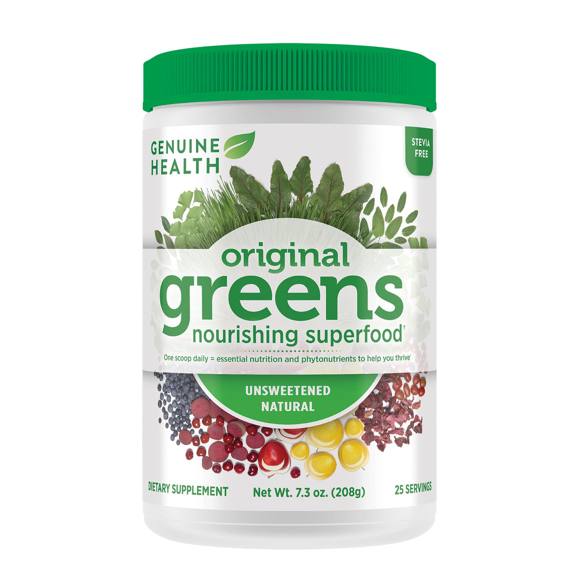 Genuine Health Greens+ Original Superfood Powder canister with scoop