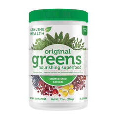 Genuine Health Greens+ Original Superfood Powder canister with scoop
