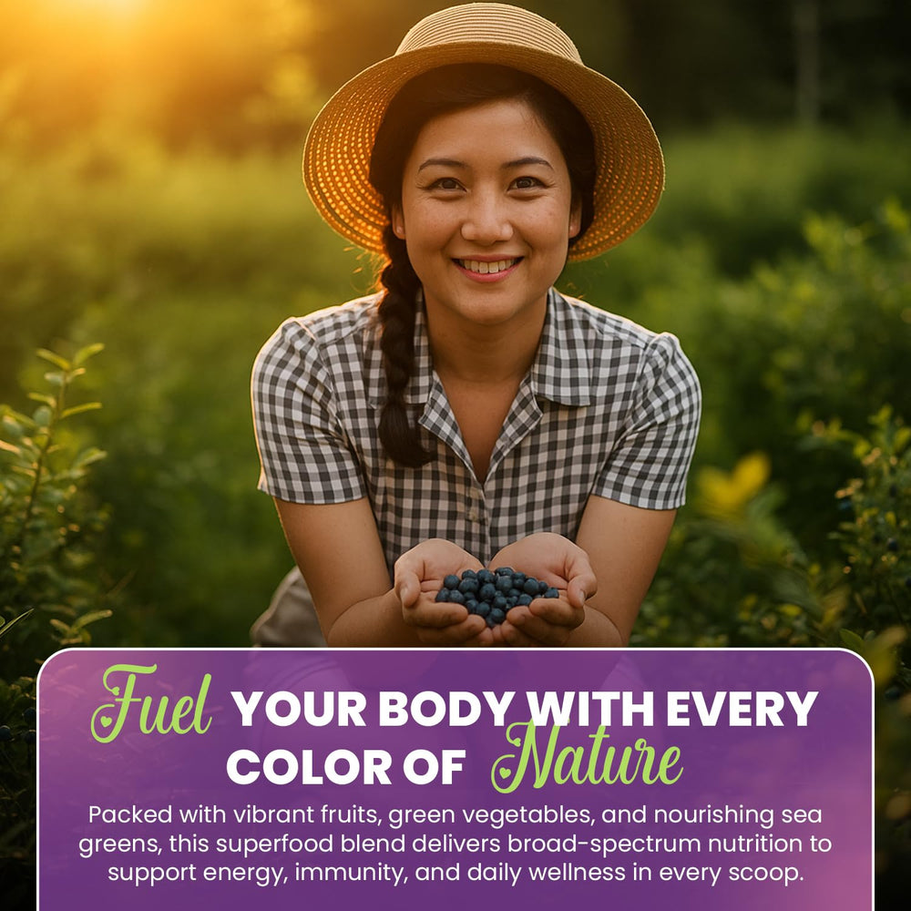 Serving suggestion with smoothie containing Greens+ Wild Berry powder