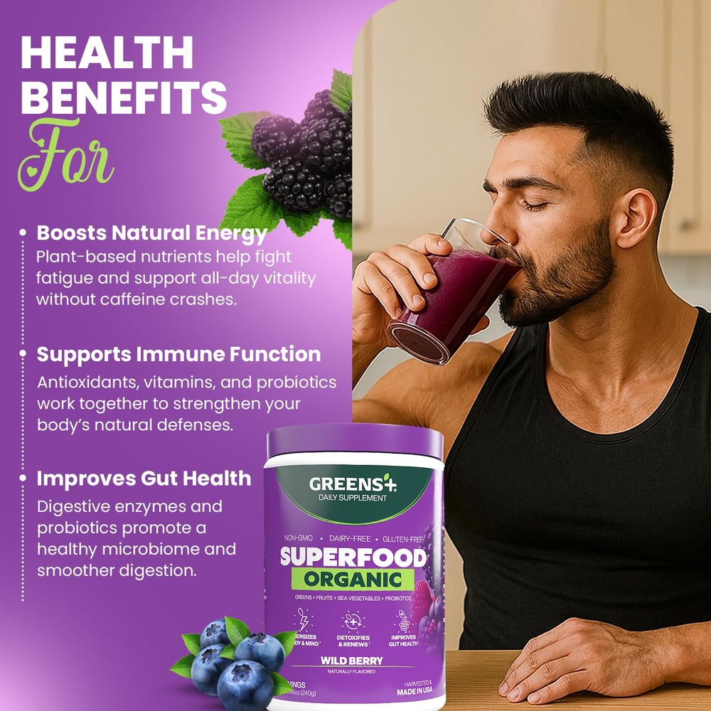 USA harvest label on Greens+ Wild Berry Superfood