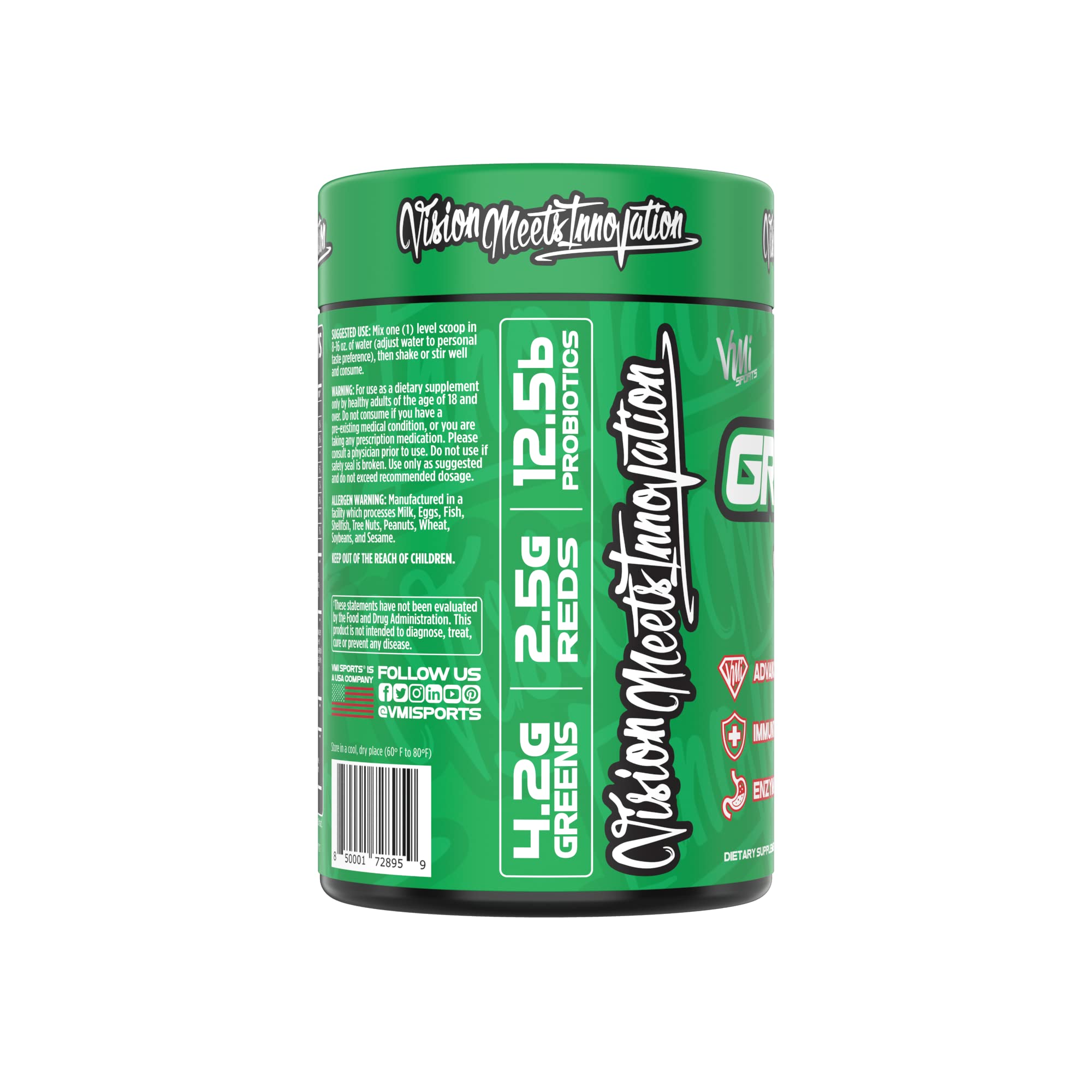 Greens + Reds ingredients: spirulina, spinach, wheatgrass, chlorella