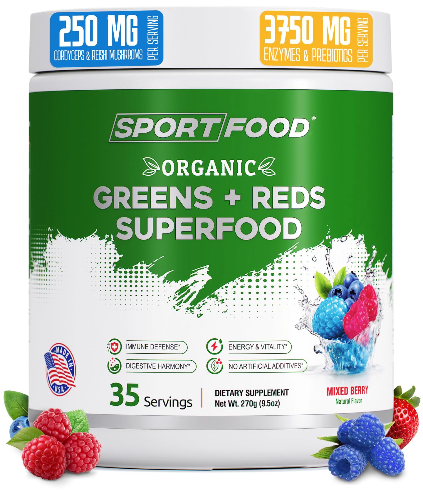 Front view of Sport Food Greens & Reds Superfood Powder bottle (Mixed Berry Flavor)