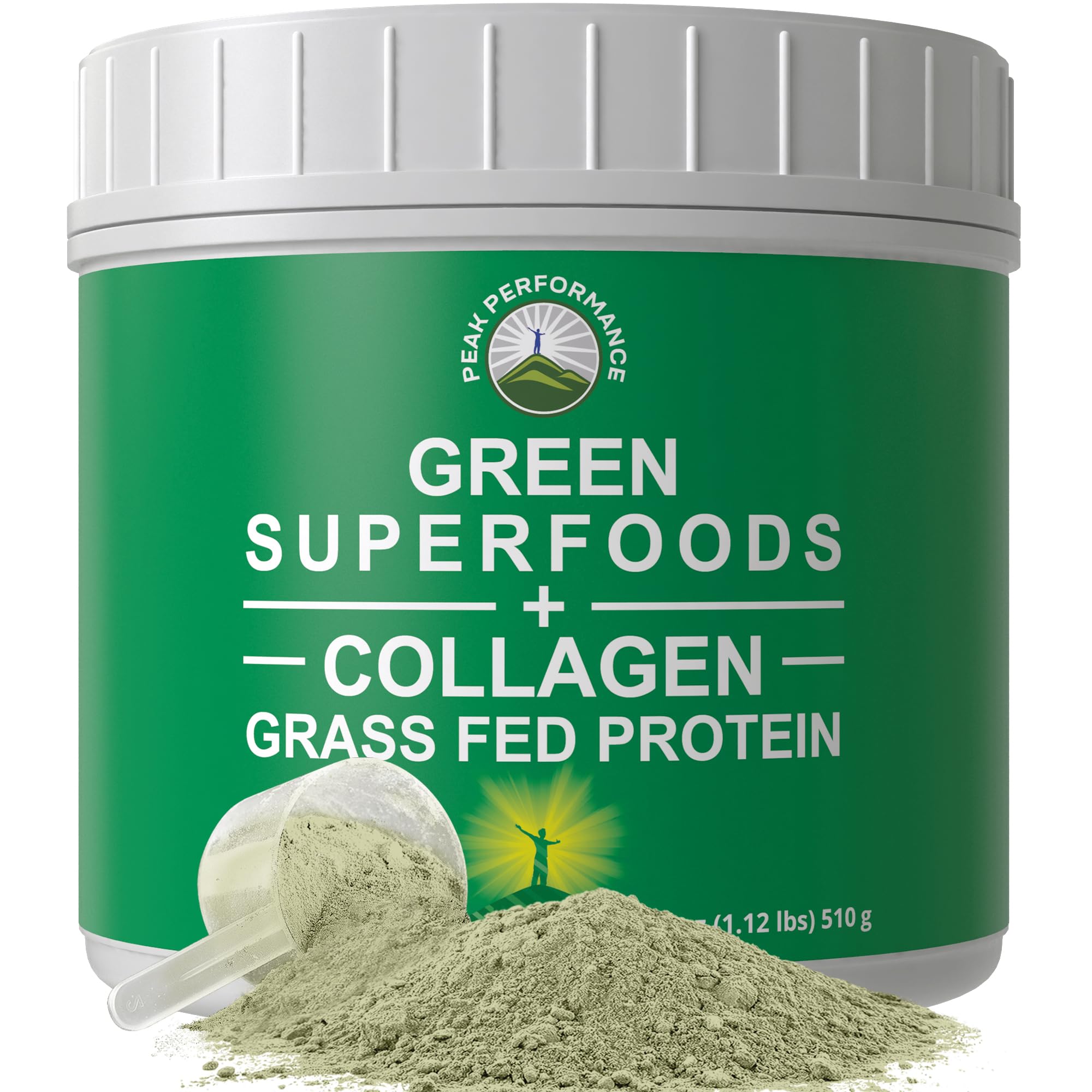 Front view of Greens Superfood + Grass Fed Collagen Powder tub