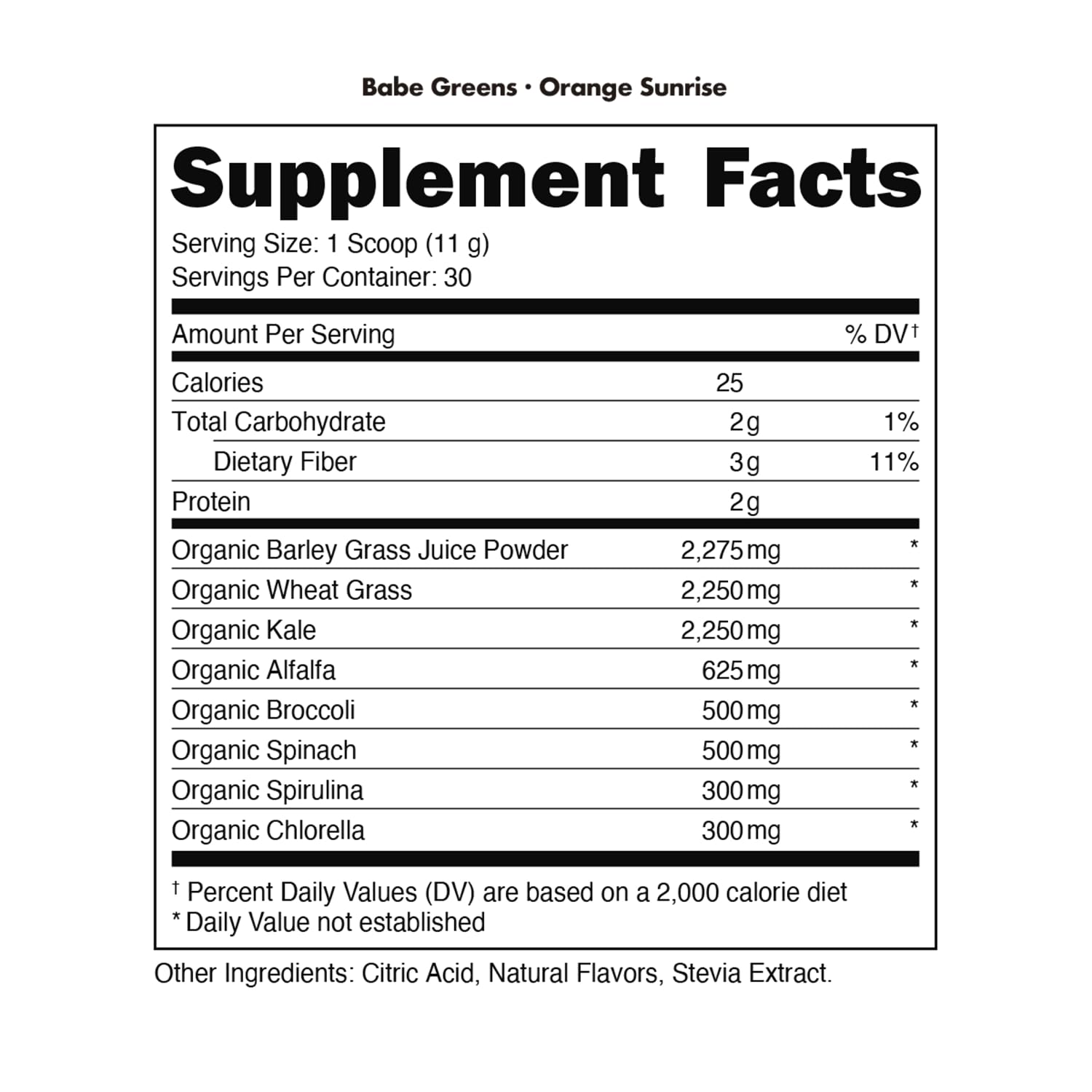 Eight essential greens ingredients graphic for Orange Sunrise