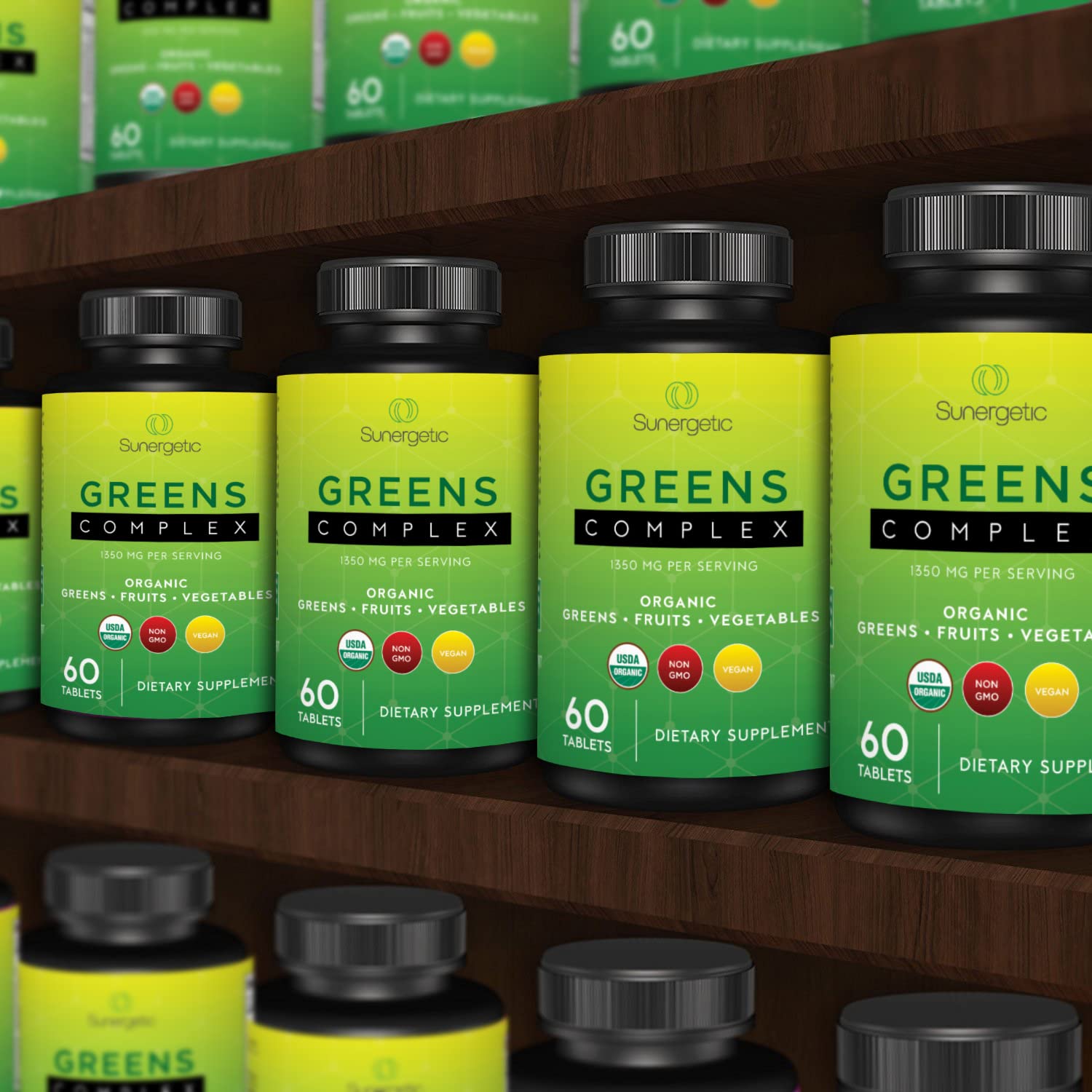 Pack of 2 bottles of Greens Superfood Tablets with fresh greens imagery