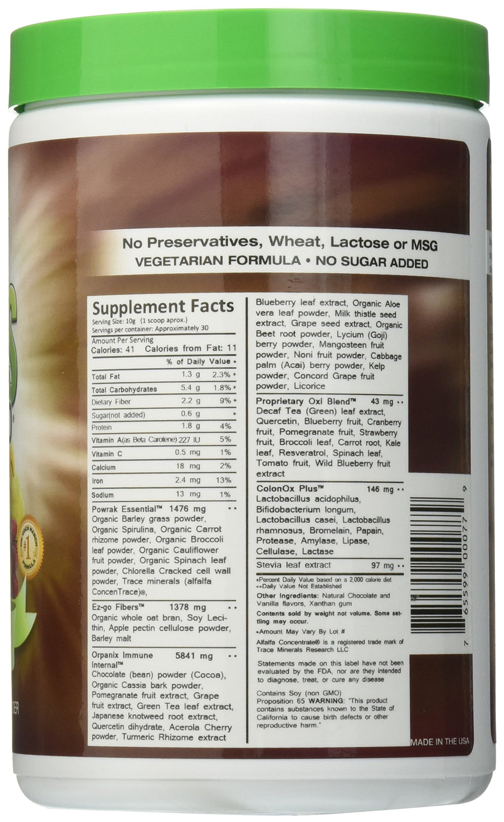 Close-up of 10.6 oz Greens World 8000 chocolate container