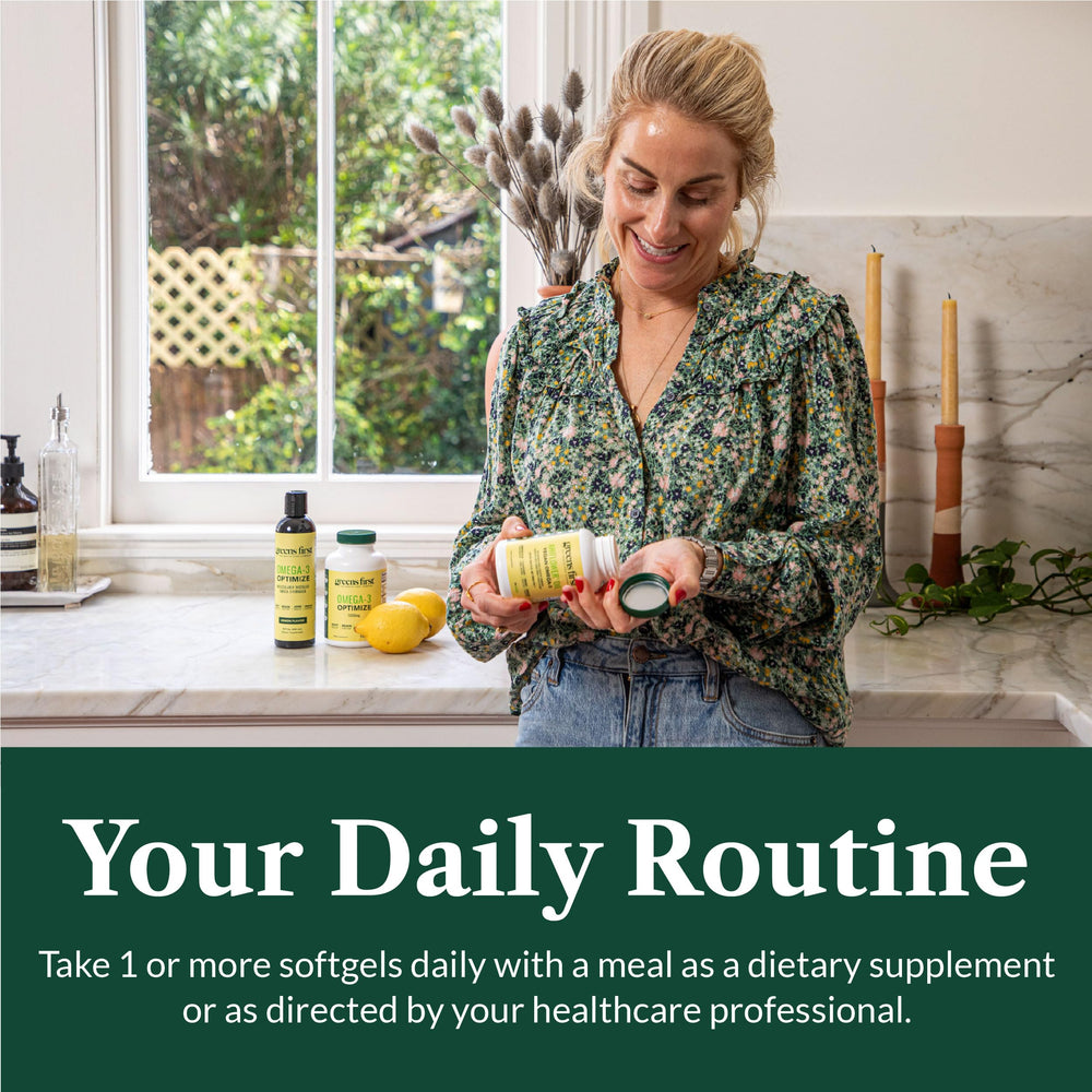 Bottle containing 120 softgels of Greens First Omega-3 Optimize