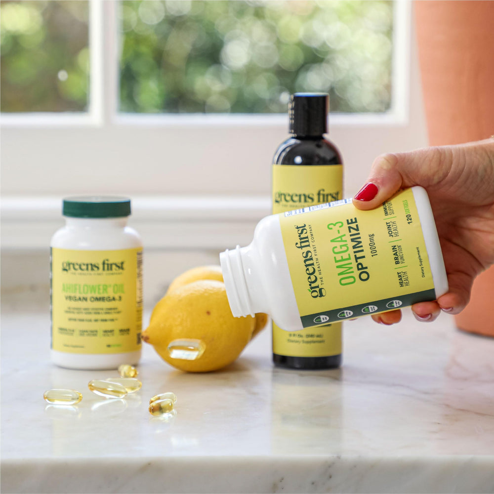 Close-up highlighting EPA and DHA potency in Greens First Omega-3 Optimize