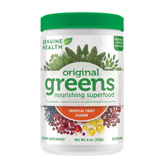 Front view of Genuine Health Greens+ Original Superfood Powder canister