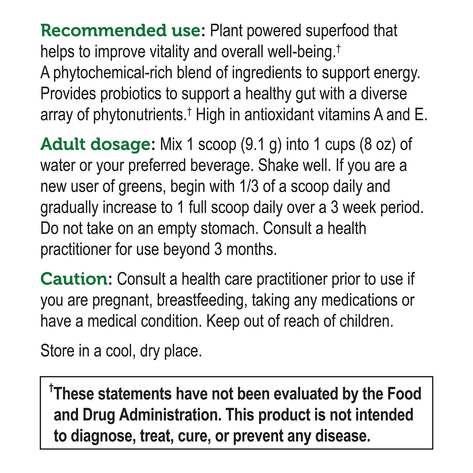 Ingredients highlight including spirulina, chlorella, probiotics and botanicals