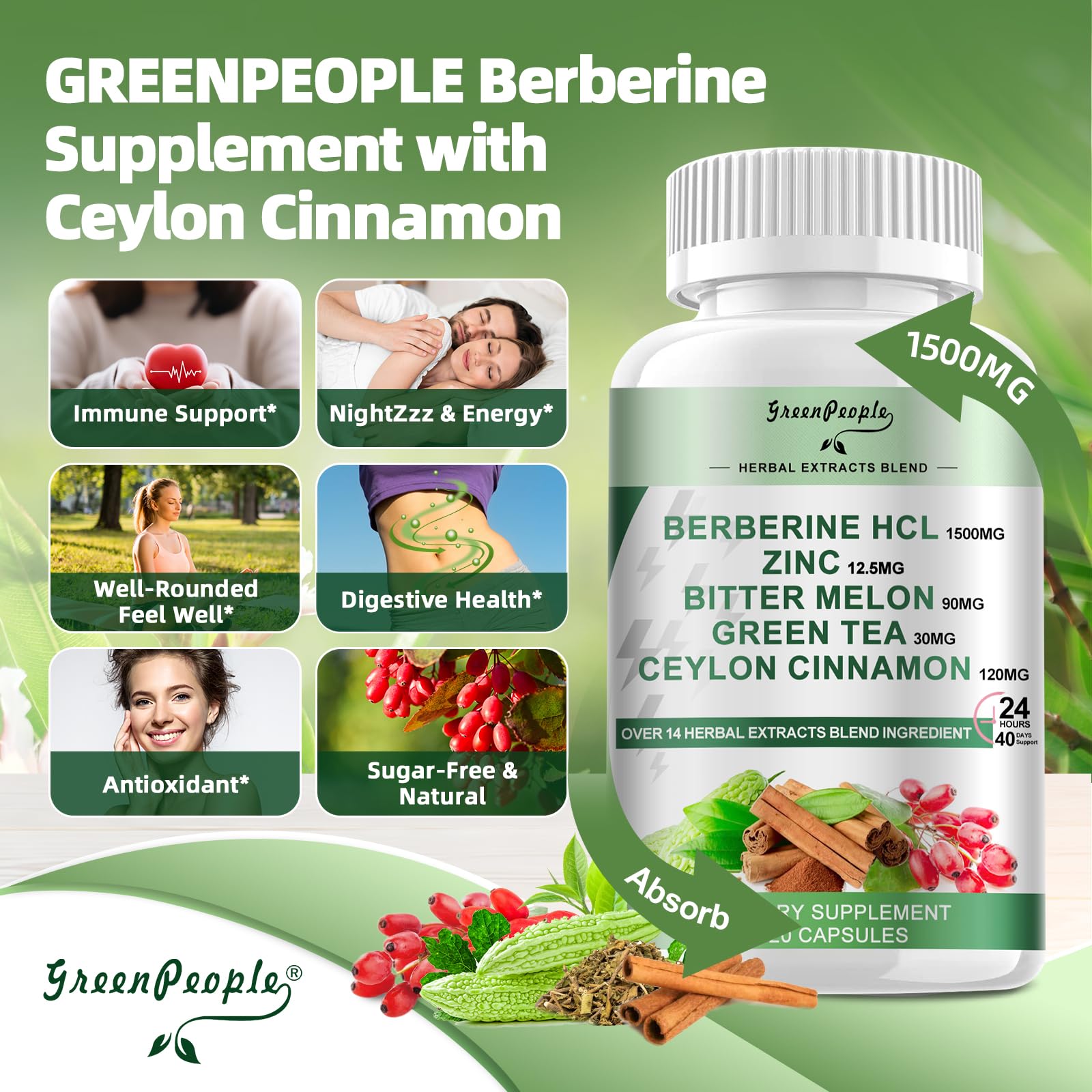 Ceylon cinnamon sticks beside GREENPEOPLE Berberine bottle