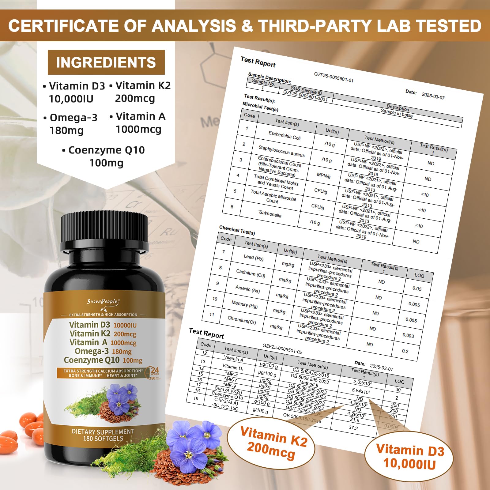 Close-up of softgel capsules and bottle label