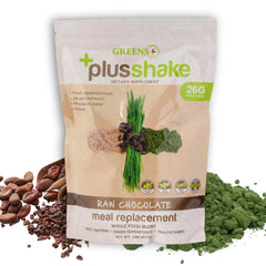 Greens+ PlusShake bottle label closeup highlights chocolate flavor and protein strength for active lifestyles.