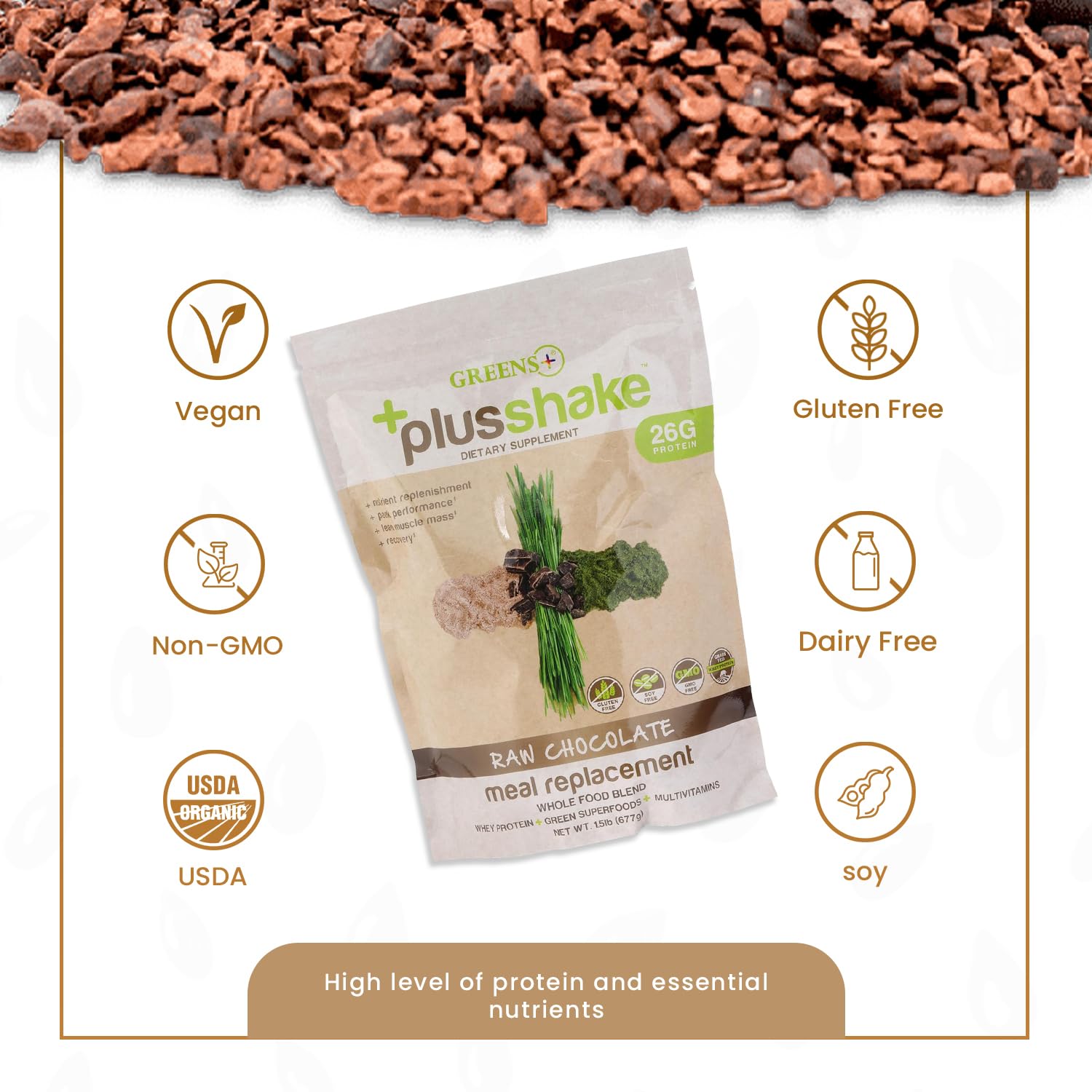 Greens+ PlusShake whey tub shows 27g protein per serving for workouts and recovery.