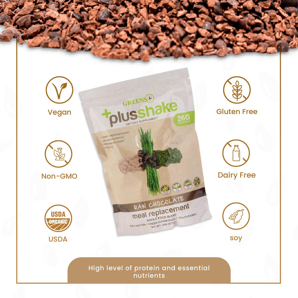 Greens+ PlusShake whey tub shows 27g protein per serving for workouts and recovery.