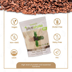 Greens+ PlusShake whey tub shows 27g protein per serving for workouts and recovery.