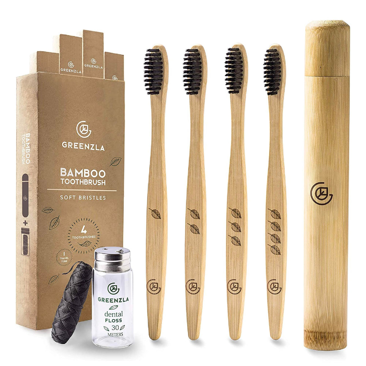 Greenzla bamboo toothbrushes 4-pack with travel case - front view
