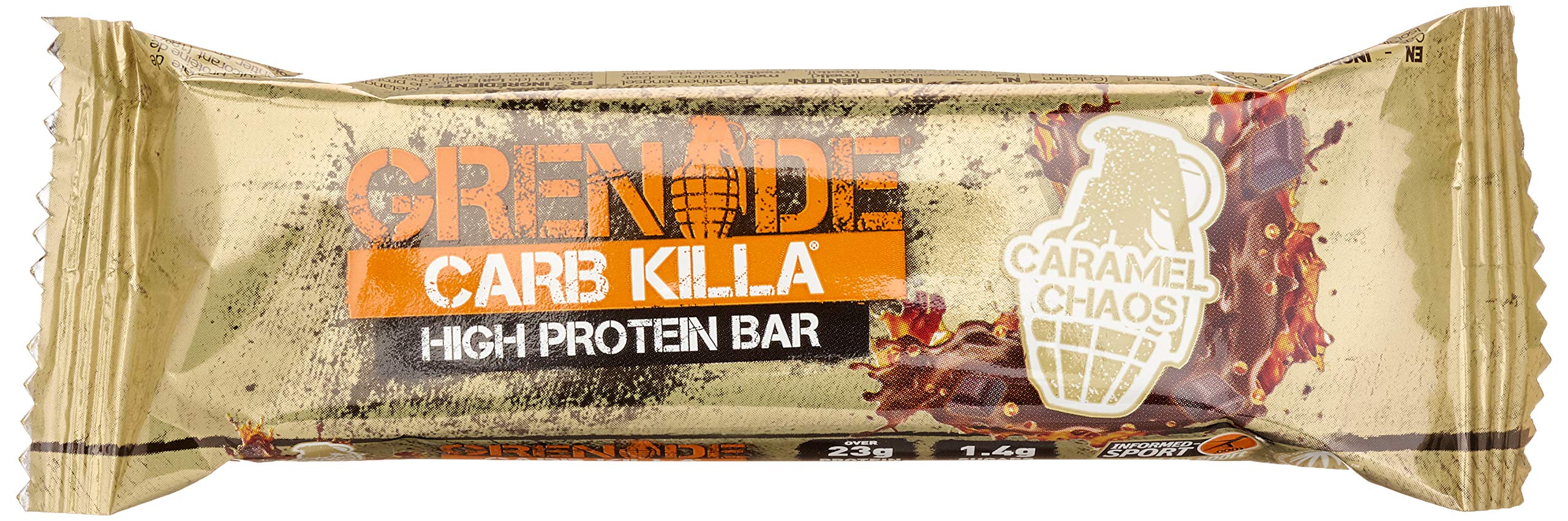 Grenade Carb Killa bar caramel chaos layer close-up highlights creamy texture for satisfying cravings.