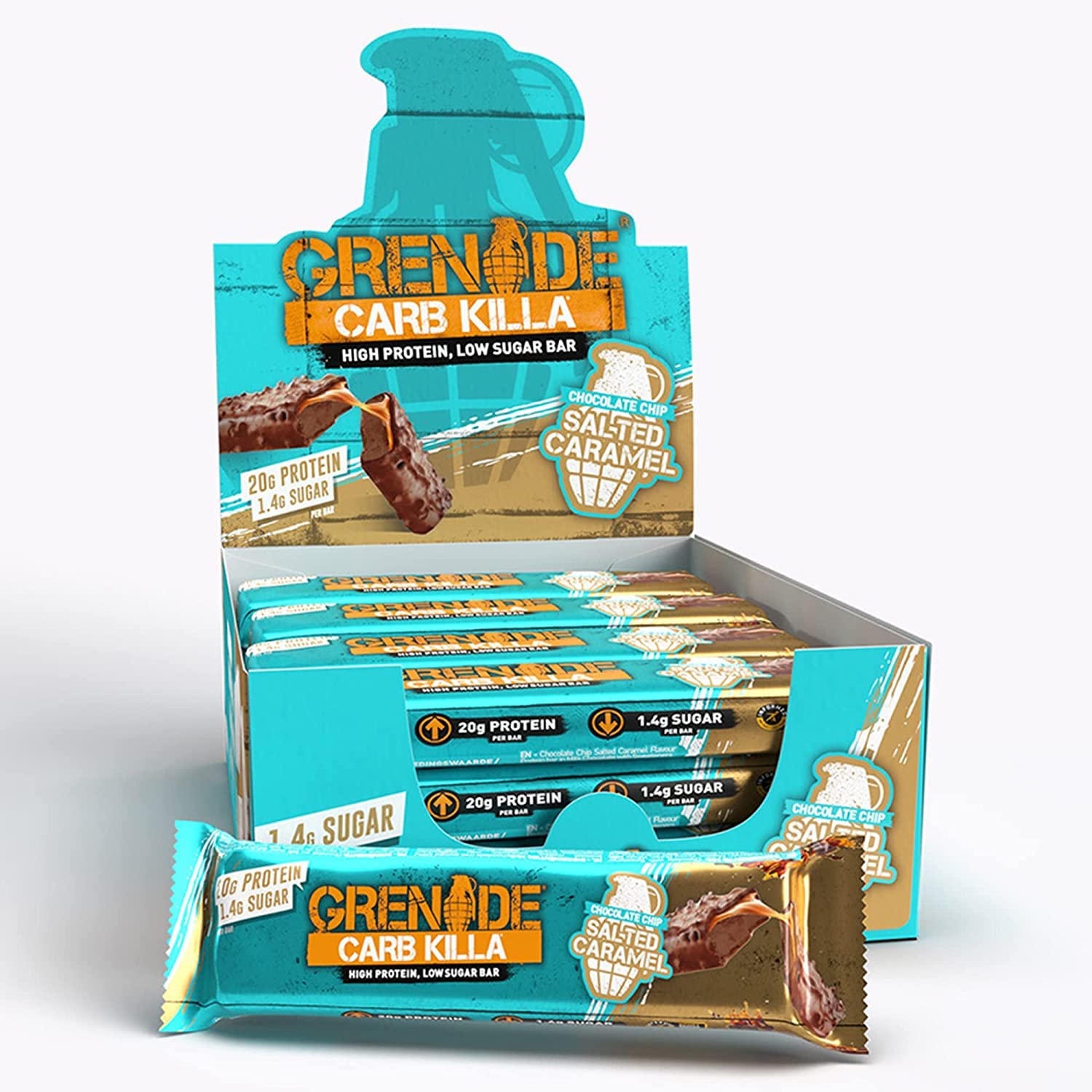 Grenade Carb Killa chocolate chip salted caramel bar front-pack, a high-protein snack option.