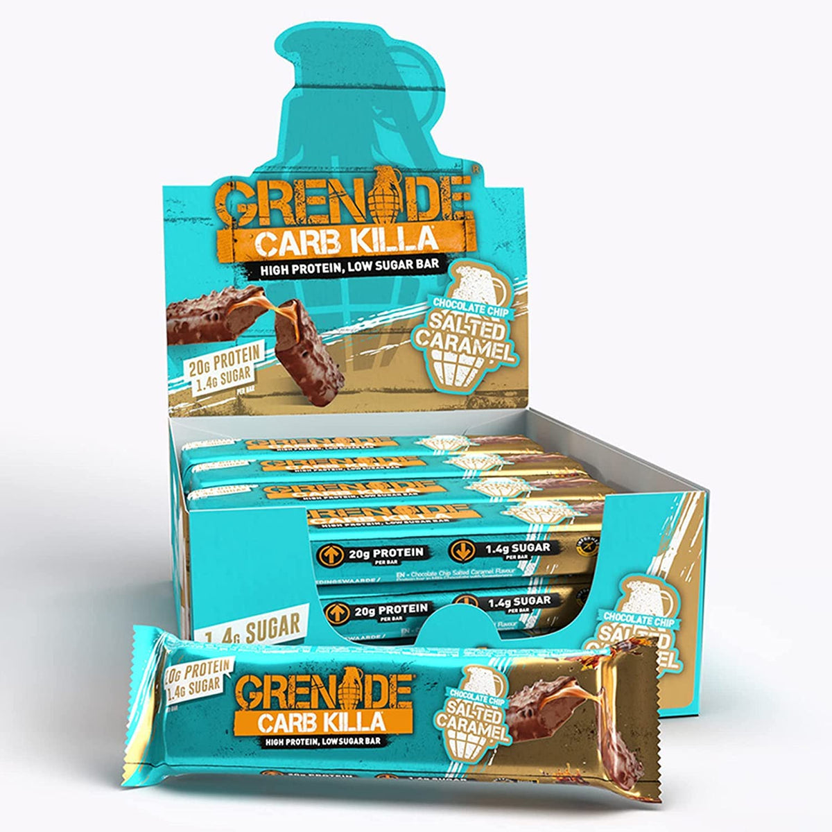Grenade Carb Killa chocolate chip salted caramel bar front-pack, a high-protein snack option.