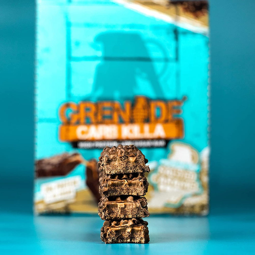 Grenade Carb Killa chocolate chip salted caramel serving idea for on-the-go fueling.
